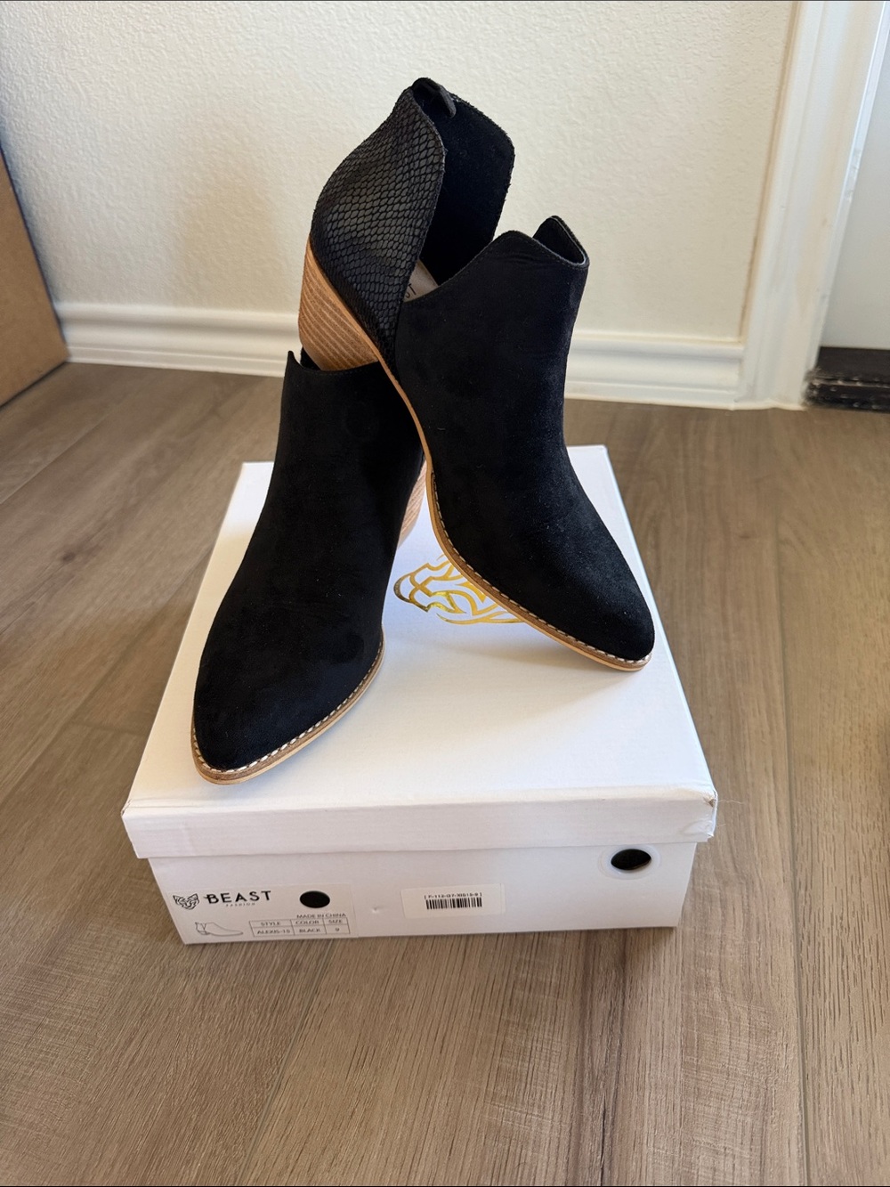 BEAST FASHION Black Suede Pointed-Toe Ankle Booties with Wood-Look Heel